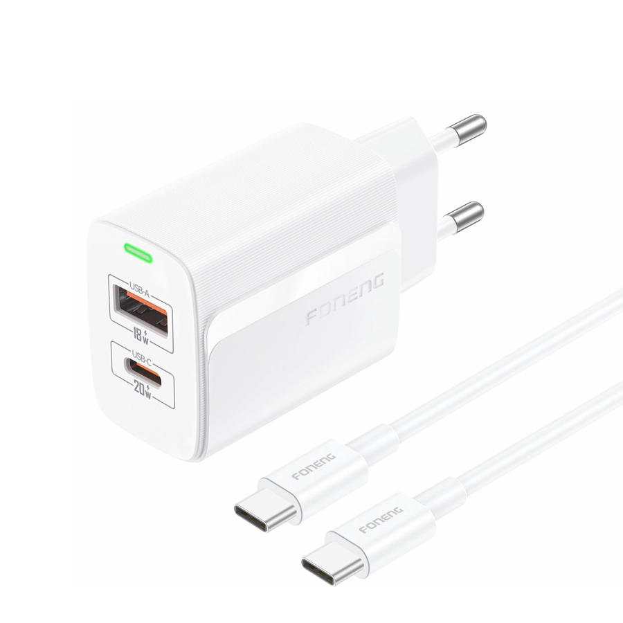 FONENG wall charger EU66 PD 20W 1xUSB-C + 1xUSB QC3.0 + cable USB-C - USB-C White снимка 1
