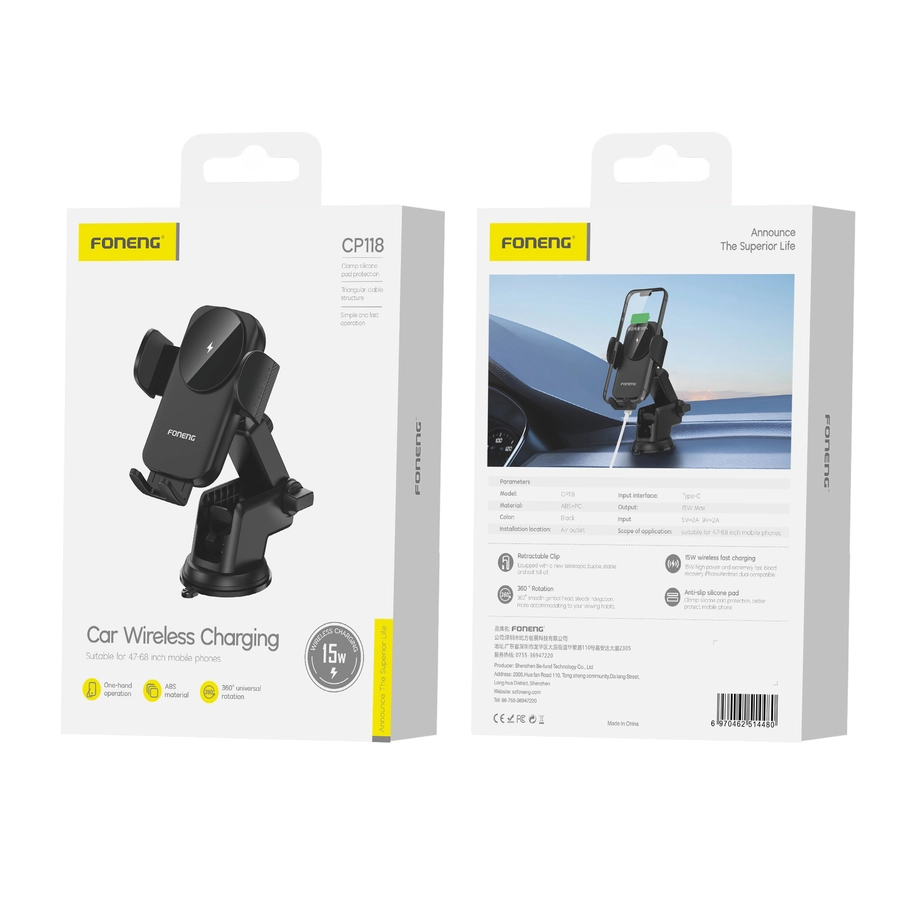 FONENG car holder with wireless charging CP118 15W Black(Phone holders)