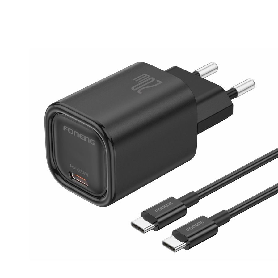 FONENG wall charger EU69 PD 20W 1xUSB-C + cable USB-C - USB-C Black снимка 1