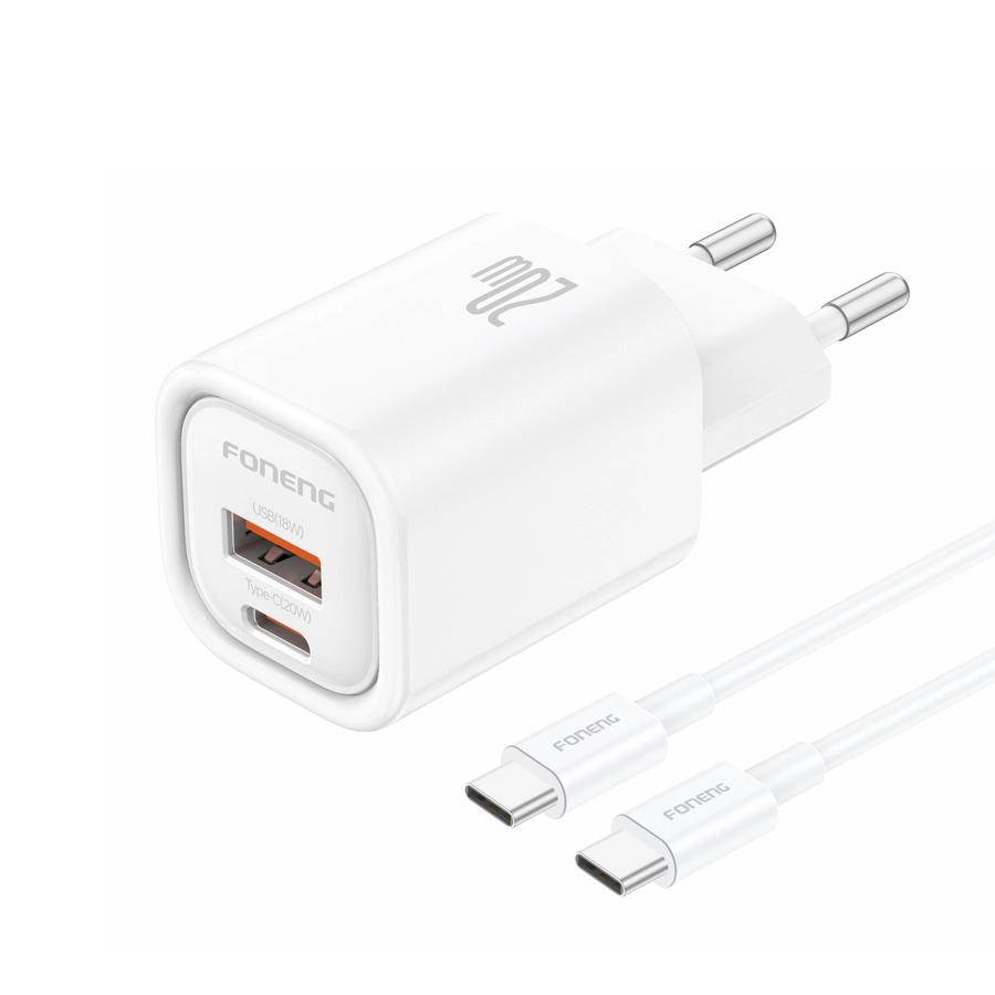 FONENG wall charger EU70 PD 20W 1xUSB-C + 1xUSB QC3.0 + cable USB-C - USB-C White снимка 1