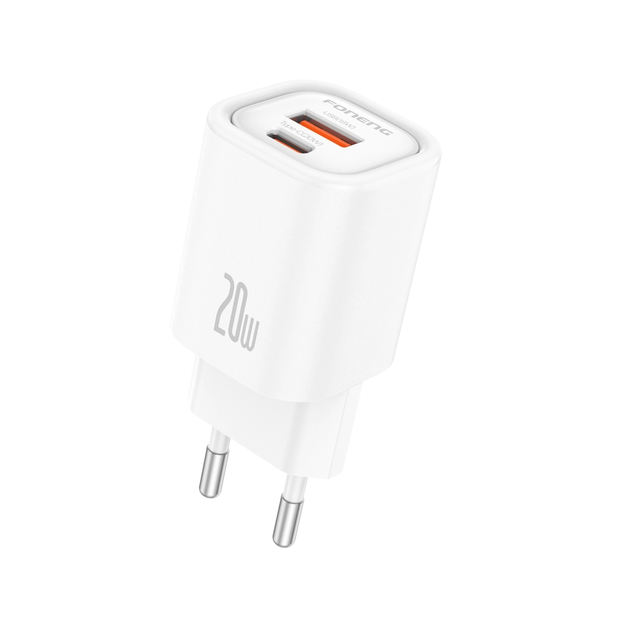 FONENG wall charger EU70 PD 20W 1xUSB-C + 1xUSB QC3.0 + cable USB-C - USB-C White снимка 2