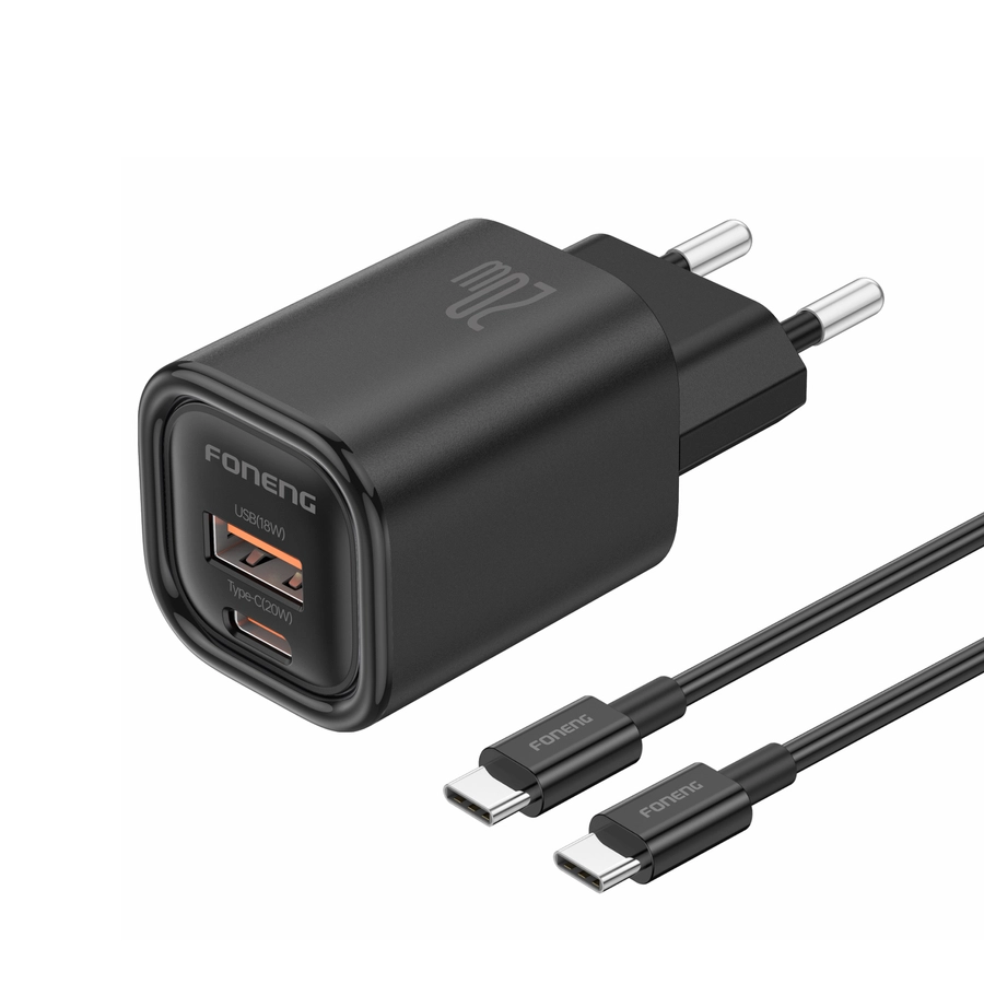 FONENG wall charger EU70 PD 20W 1xUSB-C + 1xUSB QC3.0 + cable USB-C - USB-C Black снимка 1