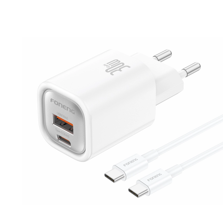 FONENG wall charger EU71 PD 30W 1xUSB-C + 1xUSB QC3.0 + cable USB-C - USB-C White снимка 1
