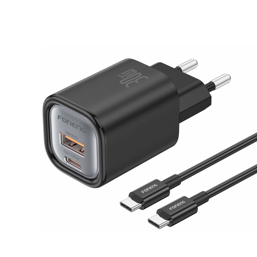 FONENG wall charger EU71 PD 30W 1xUSB-C + 1xUSB QC3.0 + cable USB-C - USB-C Black снимка 1