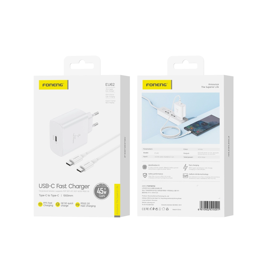 FONENG wall charger EU62 GaN PD 45W 1xUSB-C + cable USB-C - USB-C White(Chargers)