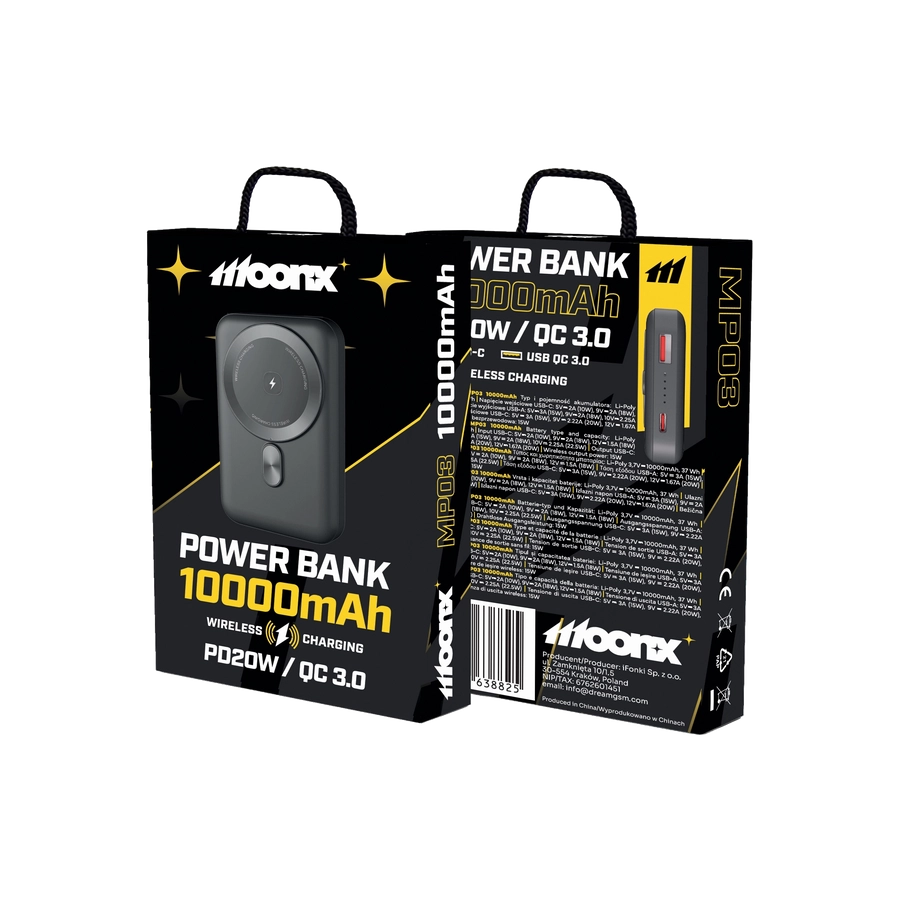 MoonX MOONX magnetic power bank MP03 PD 20W 1xUSB-C + 1xUSB QC3.0 22.5W 10000mAh black(Powerbanks)