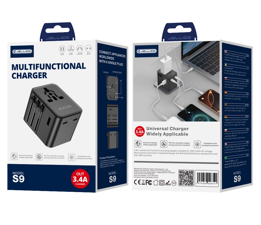 Jellico universal travel adapter S9 PD 2xUSB-C + 1xUSB 3.4A Max 2500W Black(Adapters)