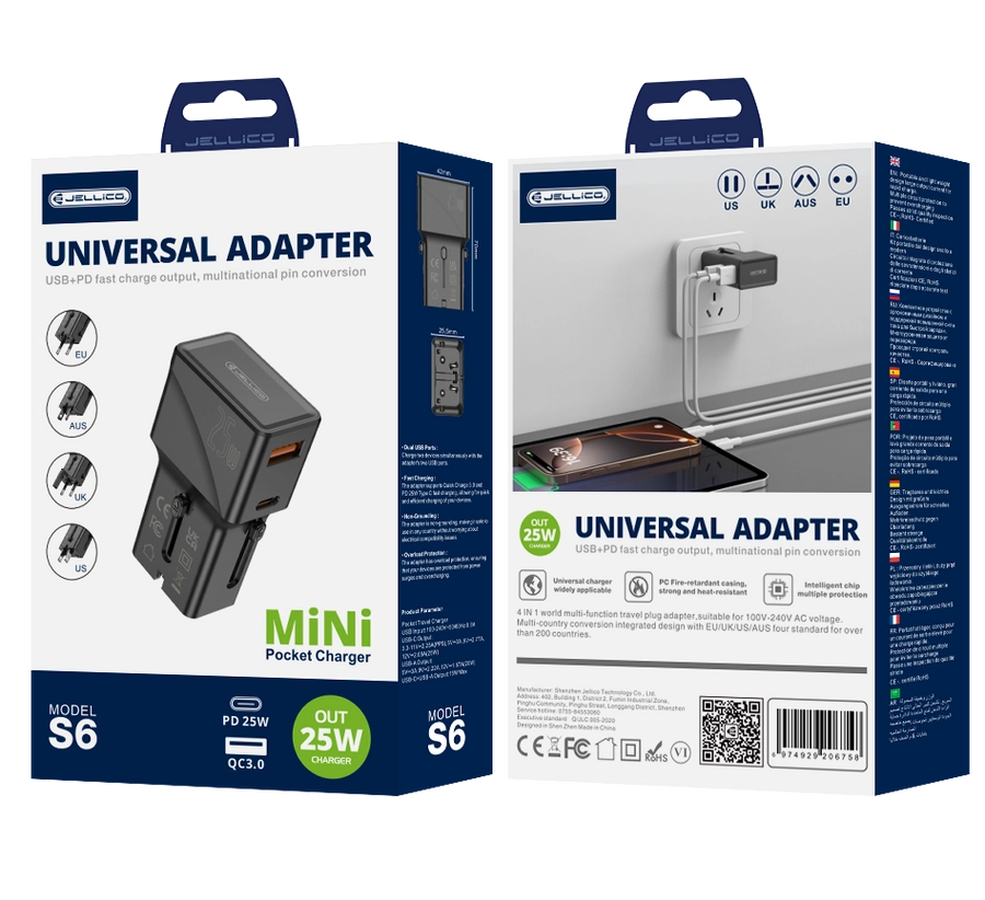 Jellico universal travel adapter S6 PD 25W 1xUSB-C + 1xUSB QC3.0 Black(Adapters)