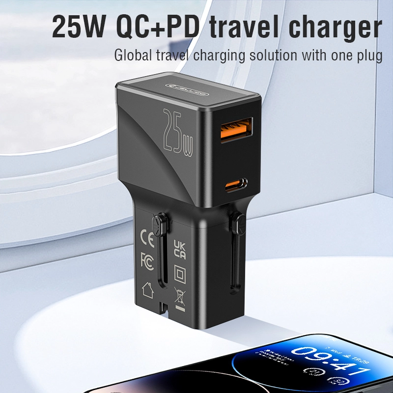 Jellico universal travel adapter S6 PD 25W 1xUSB-C + 1xUSB QC3.0 Black снимка 1