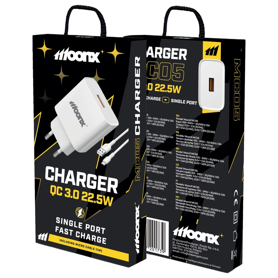 MoonX MOONX wall charger MC05 22,5W 1xUSB QC3.0 + cable Micro USB White(Chargers)