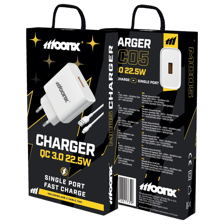 MoonX MOONX wall charger MC05 22,5W 1xUSB QC3.0 + cable USB-C White(Chargers)