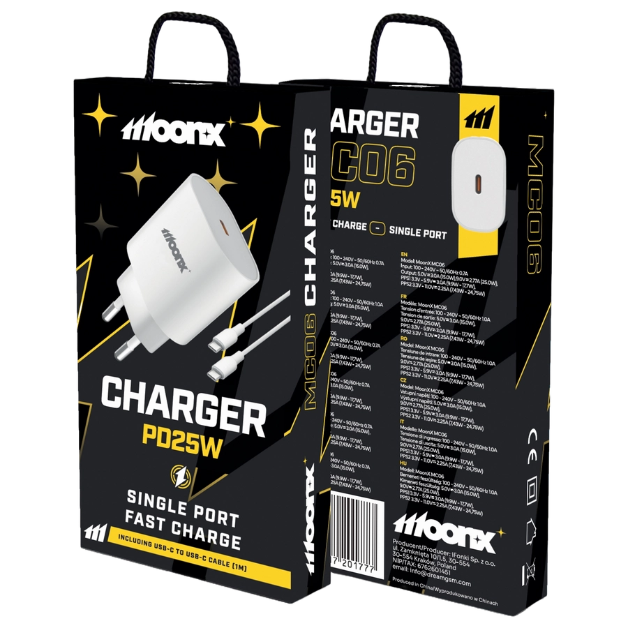 MoonX MOONX wall charger MC06 PD 25W 1xUSB-C + cable USB-C - USB-C White(Chargers)