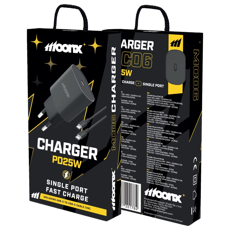 MoonX MOONX wall charger MC06 PD 25W 1xUSB-C + cable USB-C - USB-C Black(Chargers)