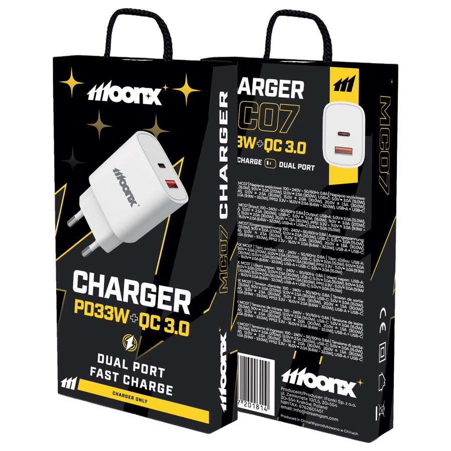 MoonX MOONX wall charger MC07 PD 33W 1xUSB-C + 1xUSB QC3.0 White(Chargers)