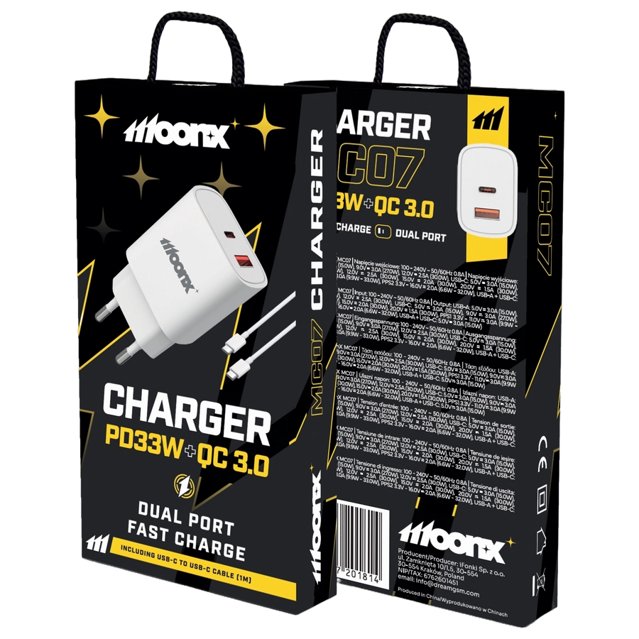 MoonX MOONX wall charger MC07 PD 33W 1xUSB-C + 1xUSB QC3.0 + cable USB-C - USB-C White(Chargers)