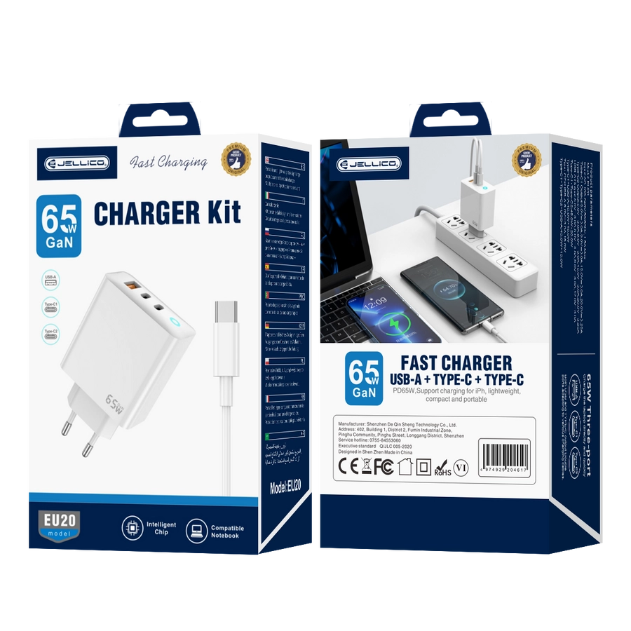 Jellico wall charger EU20 GaN PD 65W 2xUSB-C + 1xUSB QC3.0 + cable USB-C - USB-C White(Chargers)