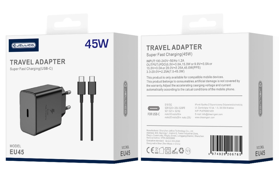 Jellico wall charger EU45 GaN PD 45W 1xUSB-C + cable USB-C - USB-C Black(Chargers)