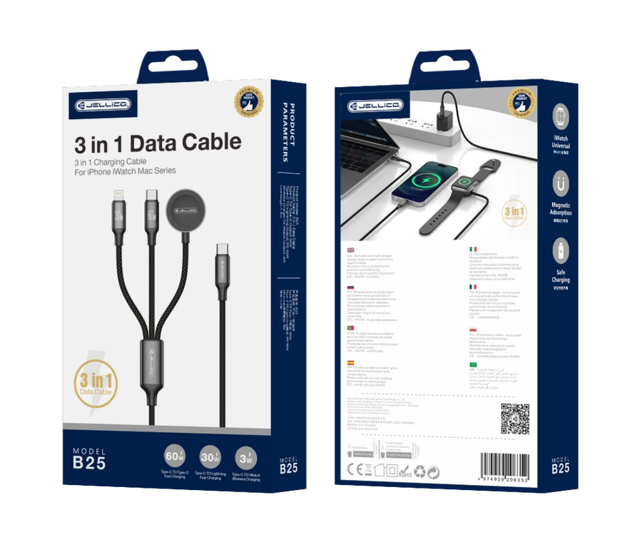 Jellico kabel B25 3w1 (Apple Watch) 3.1A 1.2M Czarny(Cables)