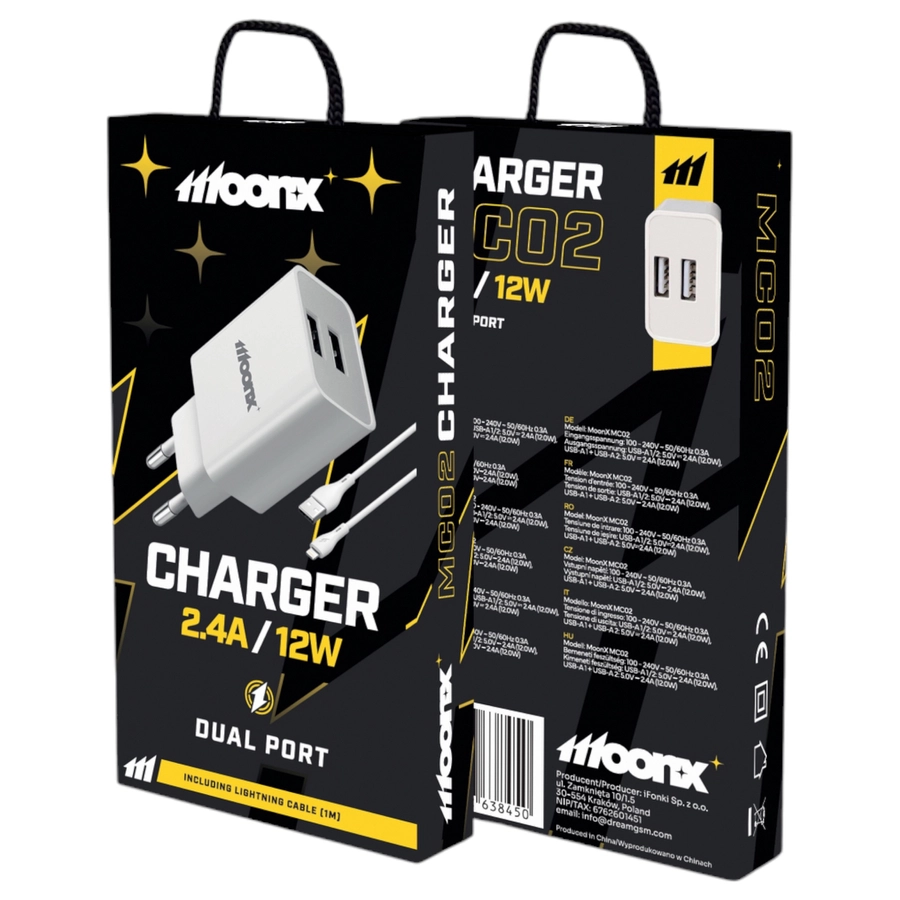 MoonX MOONX wall charger MC02 2.4A 12W 2xUSB + cable Lightning White(Chargers)