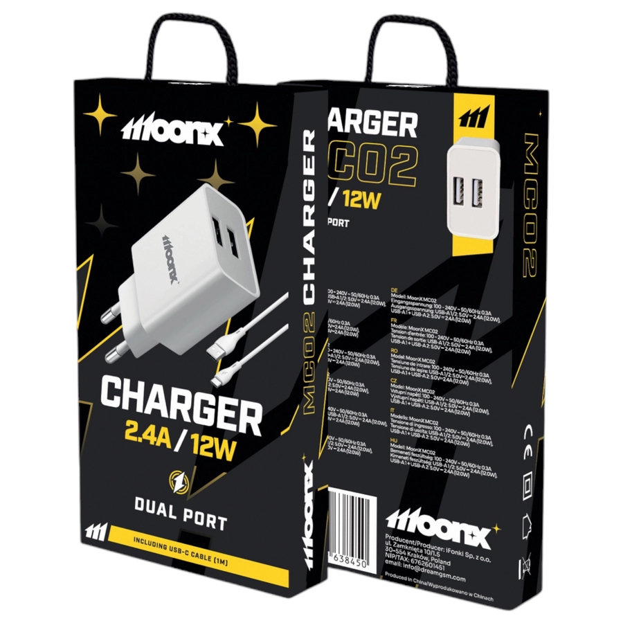 MoonX MOONX wall charger MC02 2.4A 12W 2xUSB + cable USB-C White(Chargers)