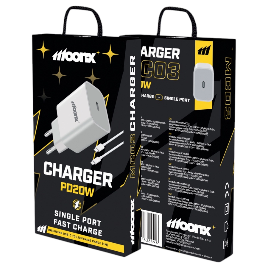 MoonX MOONX wall charger MC03 PD 20W 1xUSB-C + cable USB-C - Lightning White(Chargers)