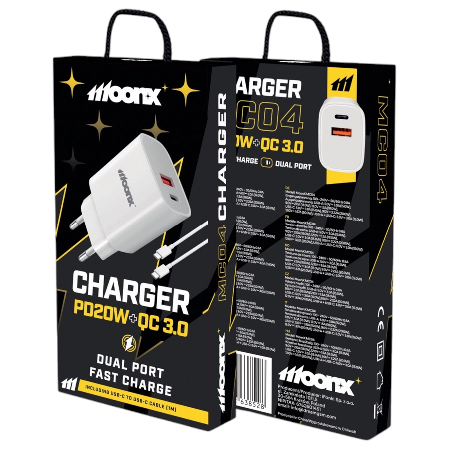 MoonX MOONX wall charger MC04 PD 20W 1xUSB-C + 1xUSB QC3.0 + cable USB-C - USB-C White(Chargers)