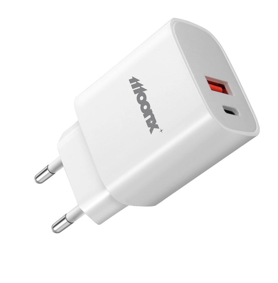 MoonX MOONX wall charger MC04 PD 20W 1xUSB-C + 1xUSB QC3.0 + cable USB-C - USB-C White снимка 1