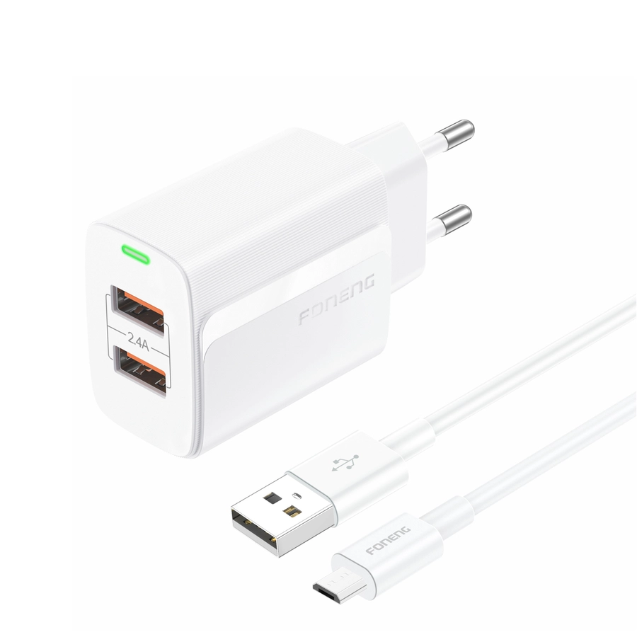 FONENG wall charger EU63 2.4A 12W 2xUSB + cable Micro White снимка 1