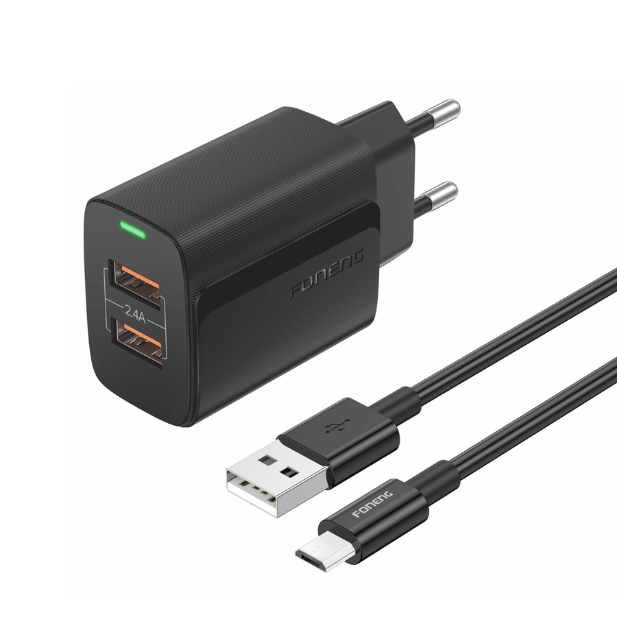 FONENG wall charger EU63 2.4A 12W 2xUSB + cable Micro Black снимка 1