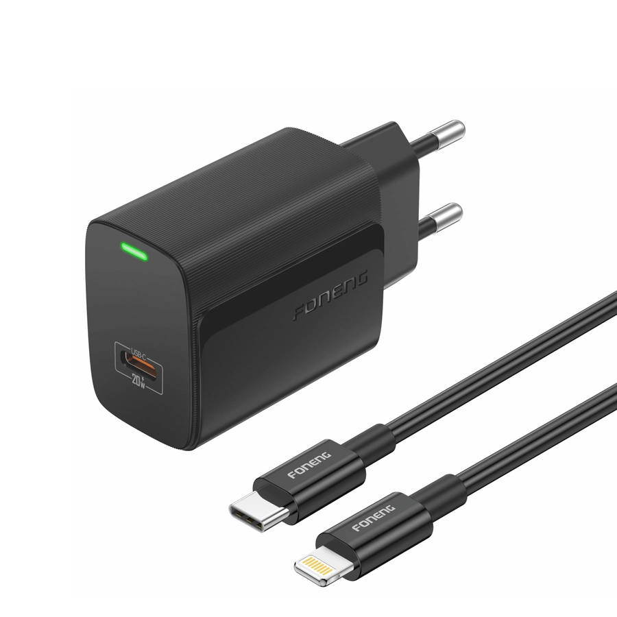 FONENG wall charger EU65 PD 20W 1xUSB-C + cable USB-C - Lightning Black снимка 1