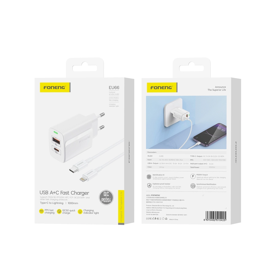 FONENG wall charger EU66 PD 20W 1xUSB-C + 1xUSB QC3.0 + cable USB-C - Lightning White(Chargers)