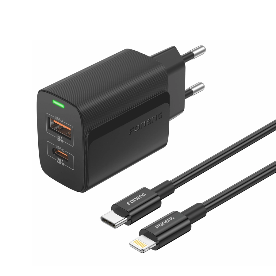 FONENG wall charger EU66 PD 20W 1xUSB-C + 1xUSB QC3.0 + cable USB-C - Lightning Black снимка 1