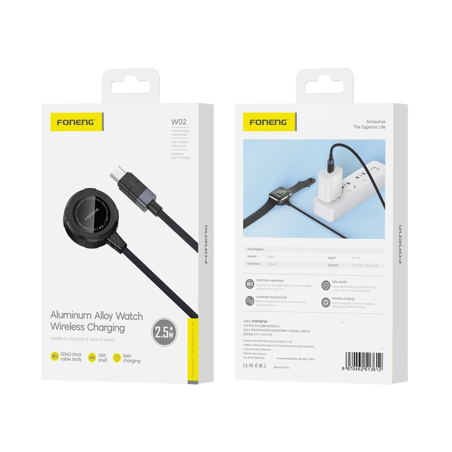FONENG cable W02 USB-C - Apple Watch 2,5W 1M Black(Cables)