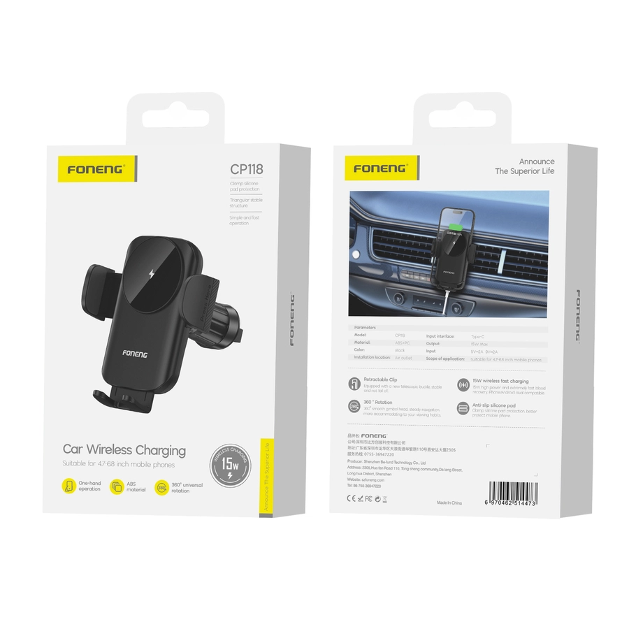 FONENG car holder air vent with wireless charging CP118 15W Black(Phone holders)