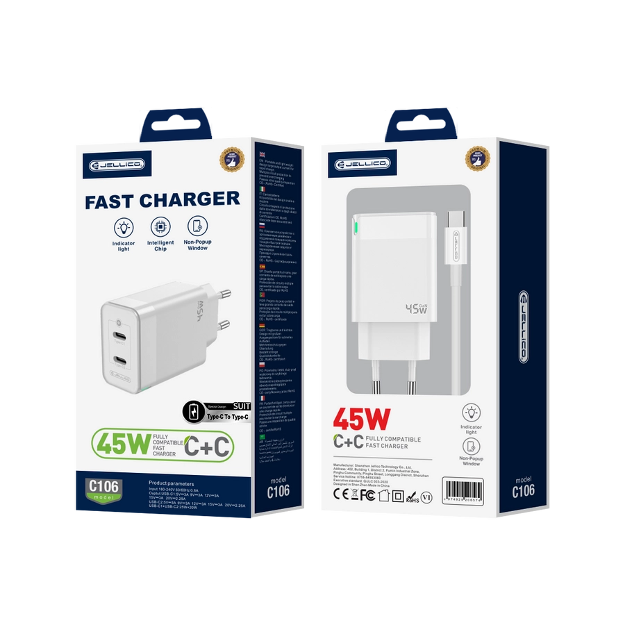 Jellico wall charger C106 GaN PD 45W 2xUSB-C + cable USB-C - USB-C White(Chargers)