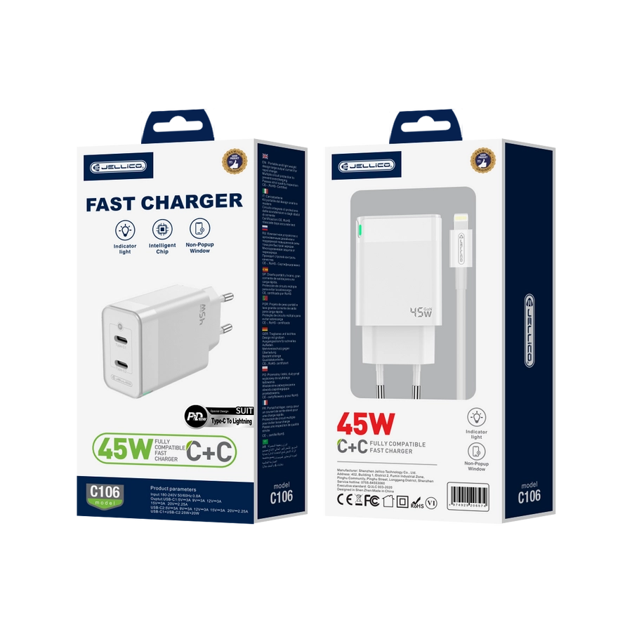 Jellico wall charger C106 GaN PD 45W 2xUSB-C + cable USB-C - Lightning White(Chargers)