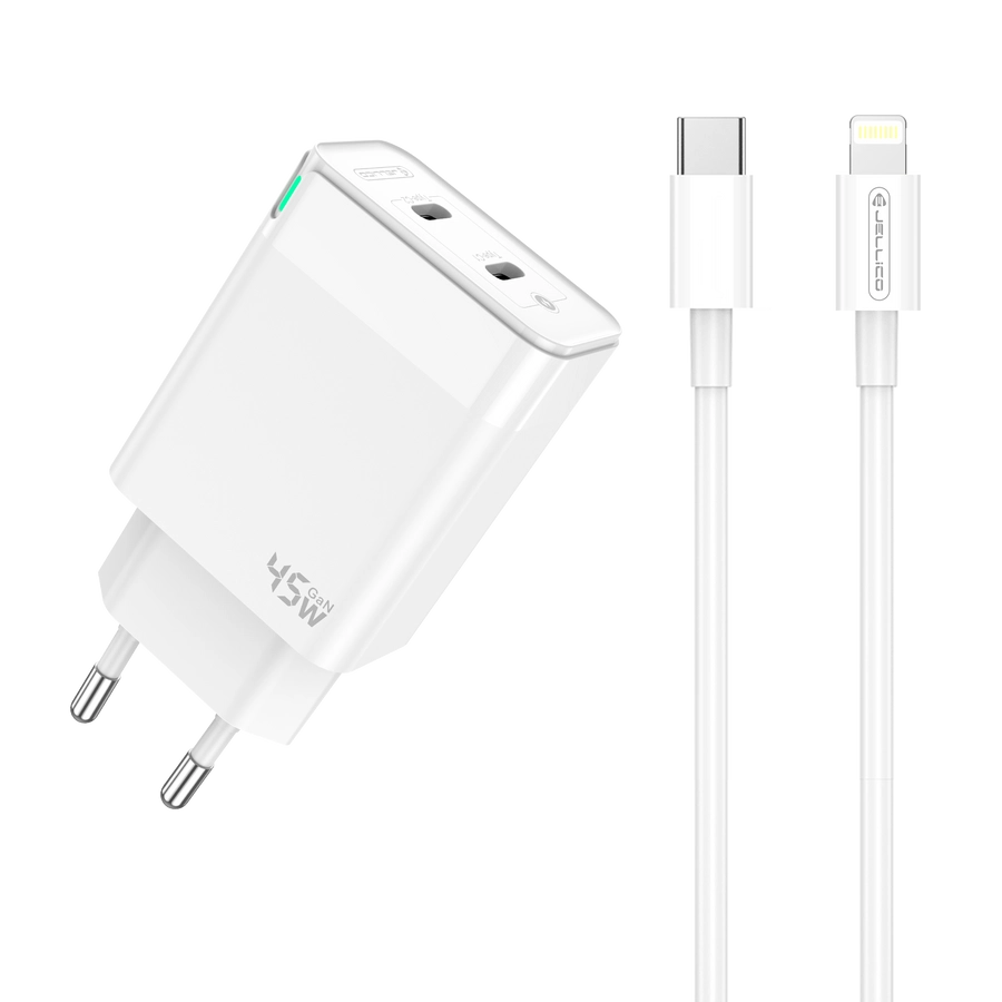 Jellico wall charger C106 GaN PD 45W 2xUSB-C + cable USB-C - Lightning White снимка 1
