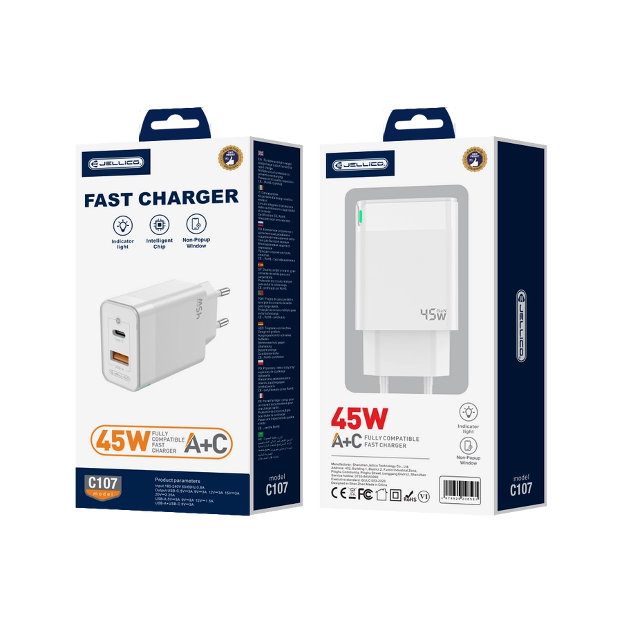 Jellico wall charger C107 GaN PD 45W 1xUSB-C + 1xUSB QC3.0 White(Chargers)