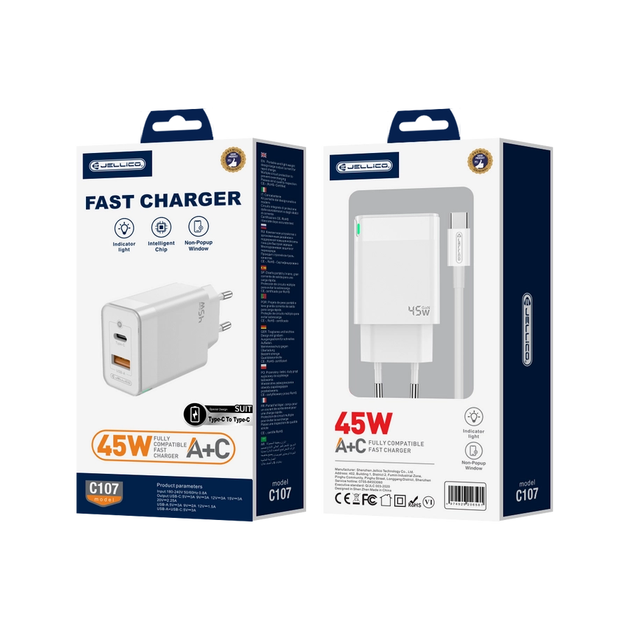 Jellico wall charger C107 GaN PD 45W 1xUSB-C + 1xUSB QC3.0 + cable USB-C - USB-C White(Chargers)