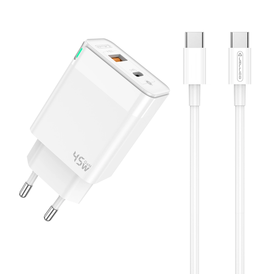 Jellico wall charger C107 GaN PD 45W 1xUSB-C + 1xUSB QC3.0 + cable USB-C - USB-C White снимка 1