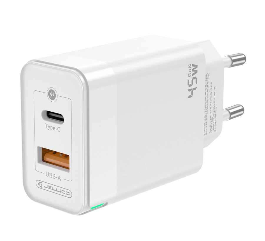 Jellico wall charger C107 GaN PD 45W 1xUSB-C + 1xUSB QC3.0 + cable USB-C - USB-C White снимка 2