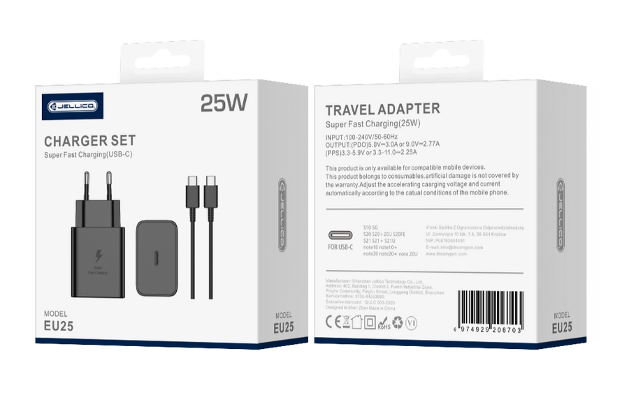 Jellico wall charger EU25 PD 25W 1xUSB-C + cable USB-C - USB-C Black(Chargers)