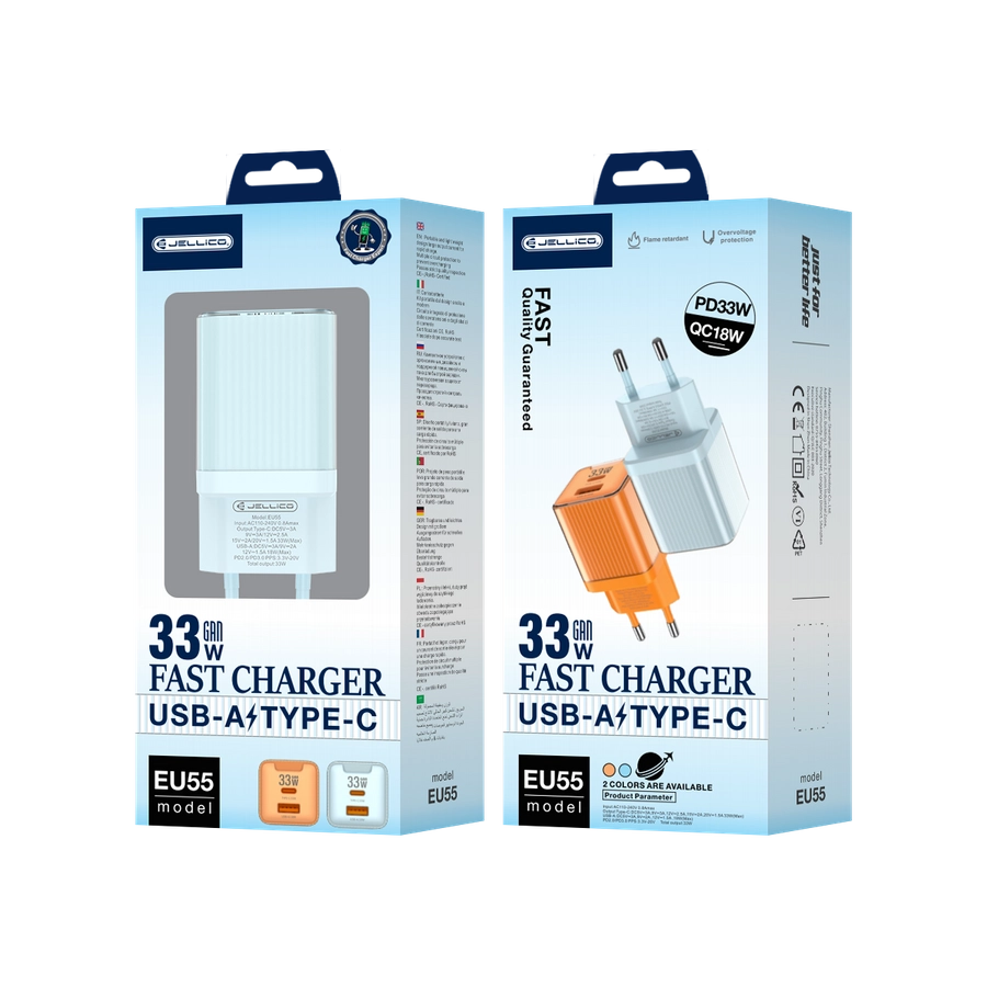 Jellico wall charger EU55 GaN PD 33W 1xUSB-C + 1xUSB QC3.0 Blue(Chargers)