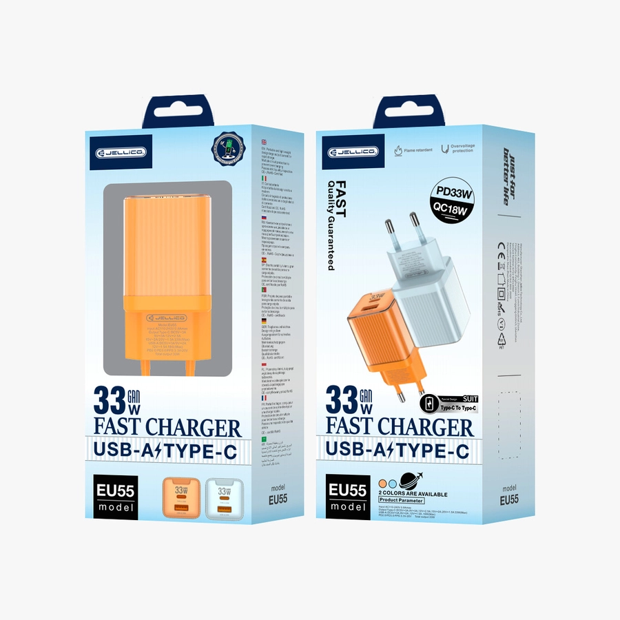 Jellico wall charger EU55 GaN PD 33W 1xUSB-C + 1xUSB QC3.0 Orange(Chargers)