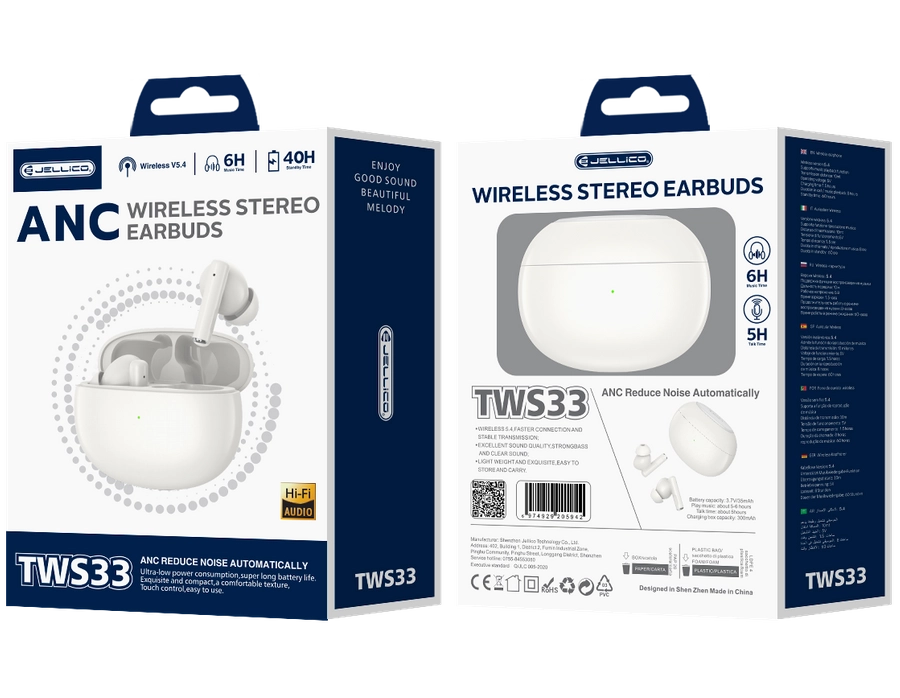 Jellico wireless earphones (ANC) TWS33 White(Headphones)